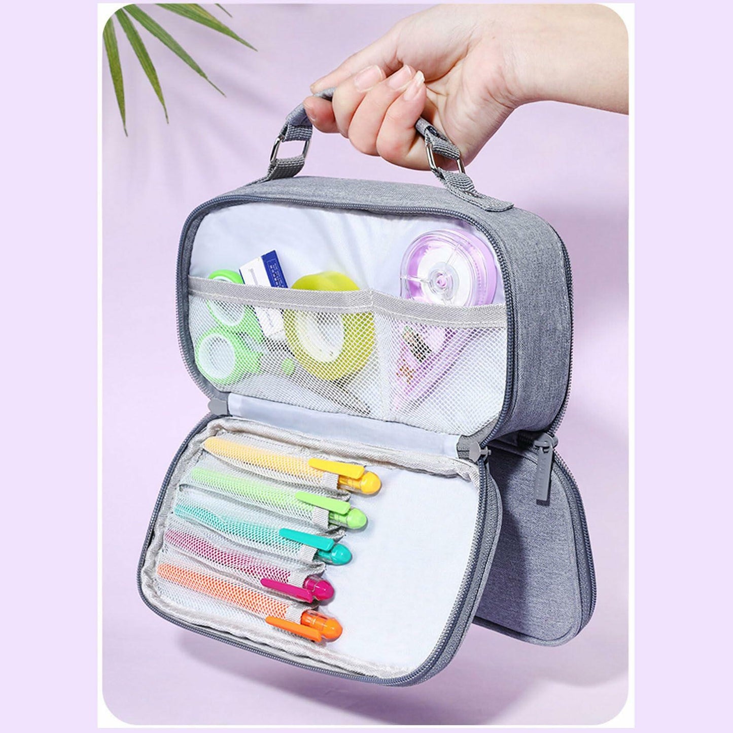 KEBEIXUAN Canvas Pencil Case Large Capacity Zipper Organizer Pink