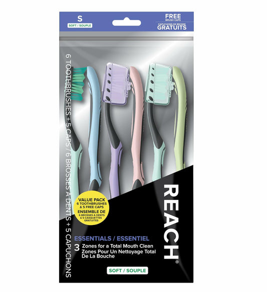 Reach Essentials Toothbrush Soft Bristles Contoured Handle Tongue Scraper 6Count