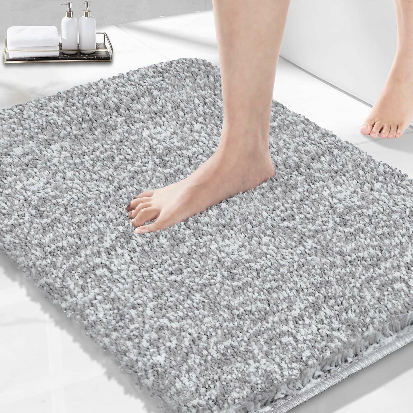 PROOVEELLY Gray White Microfiber Bathroom Rug Mat 23.6x16.9 Soft Absorbent