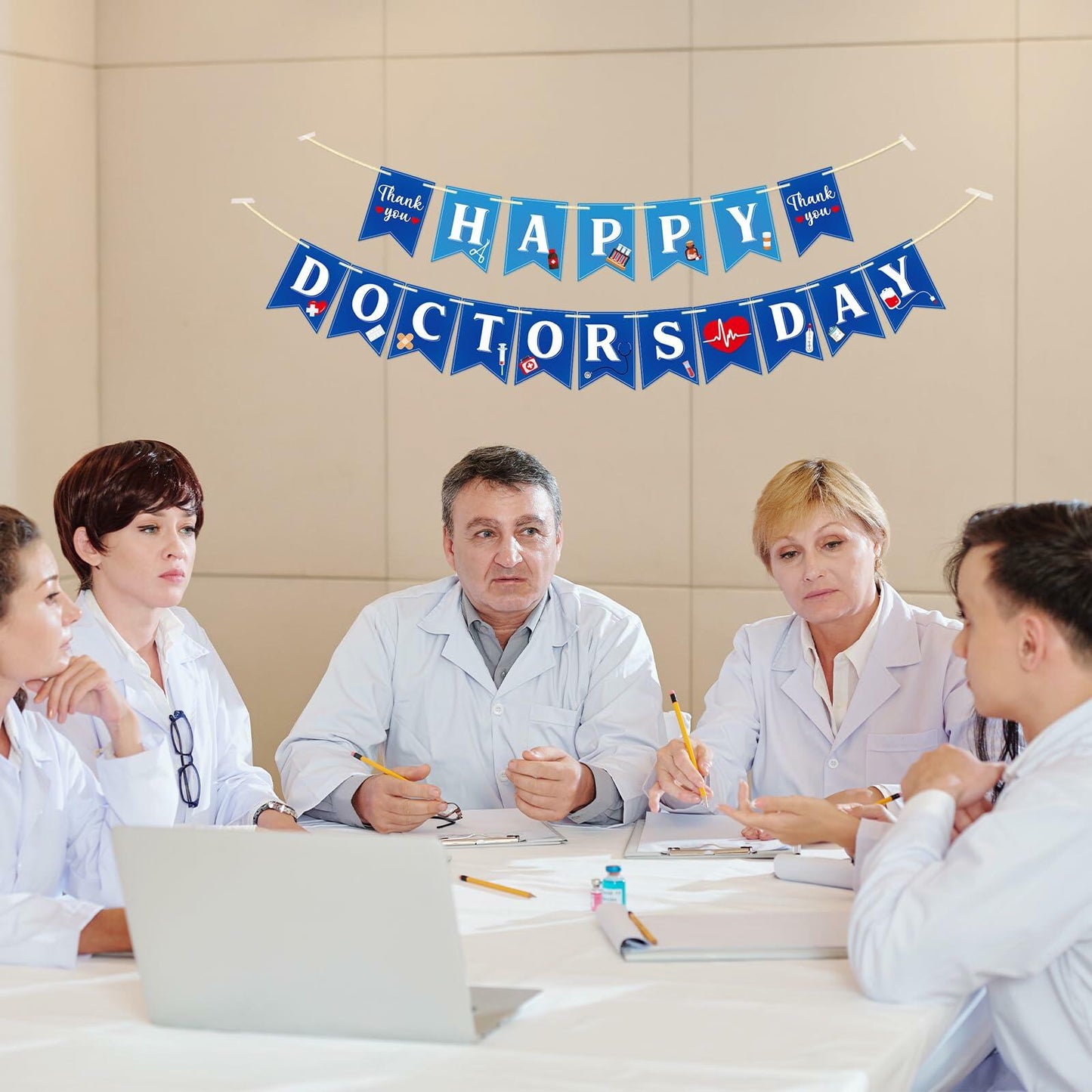 Qttier National Doctor's Day Banner Blue Cardstock Pre-strung Party Decor