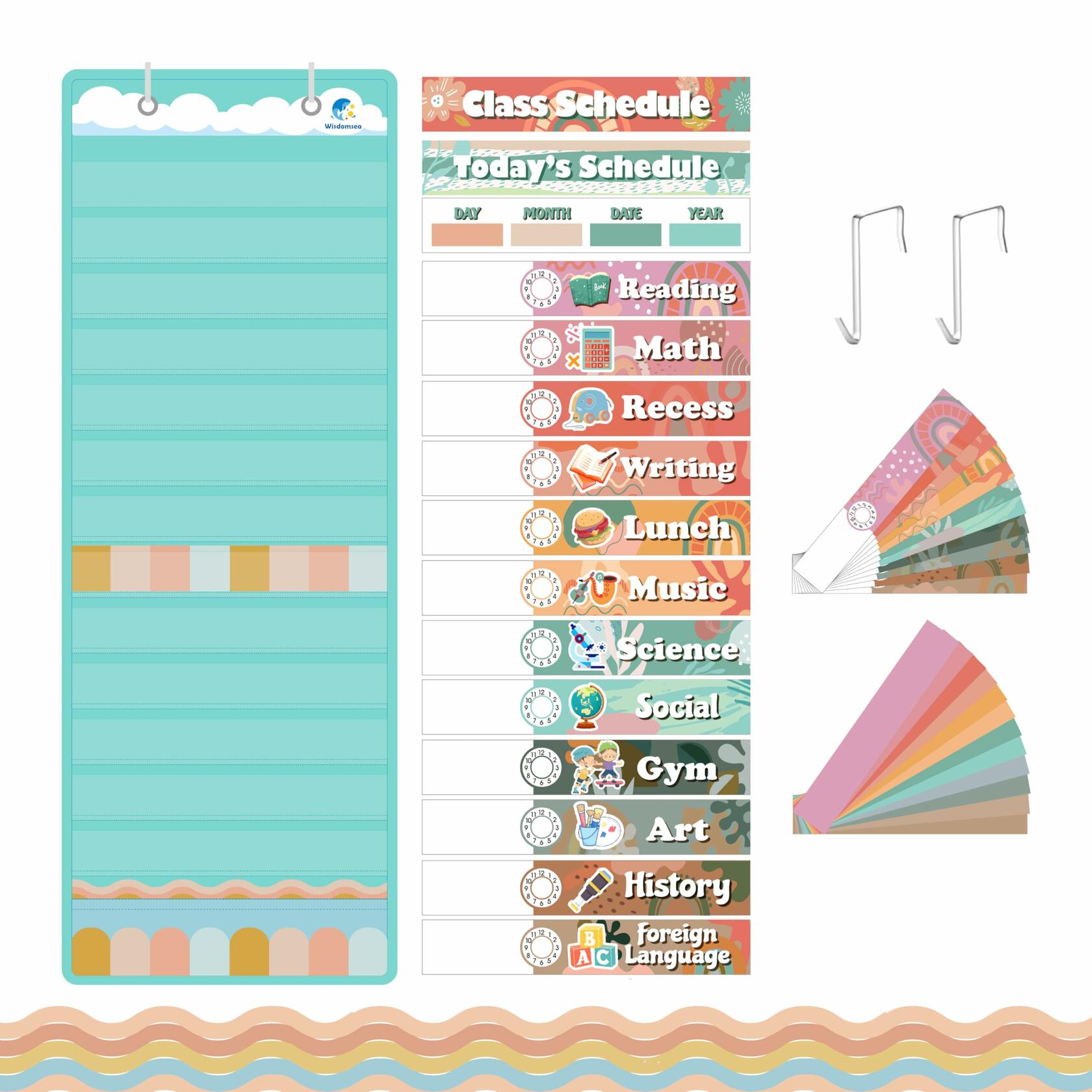 Wisdomsea Pocket Chart Classroom Blue 39 Double-Sided Erasable Cards