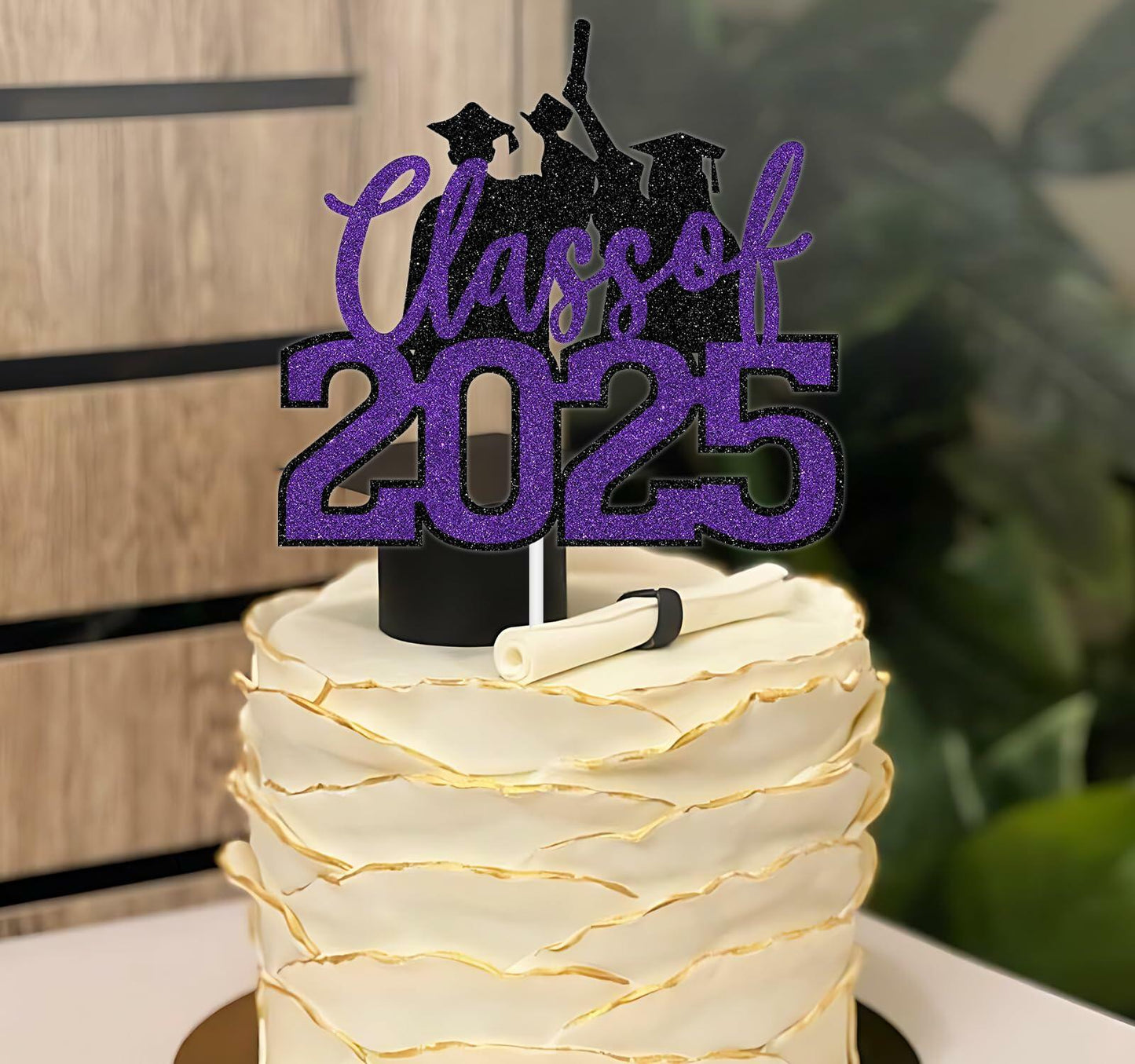 RLXPT Class of 2025 Cake Topper Congrats Grad Black Purple Glitter Foil
