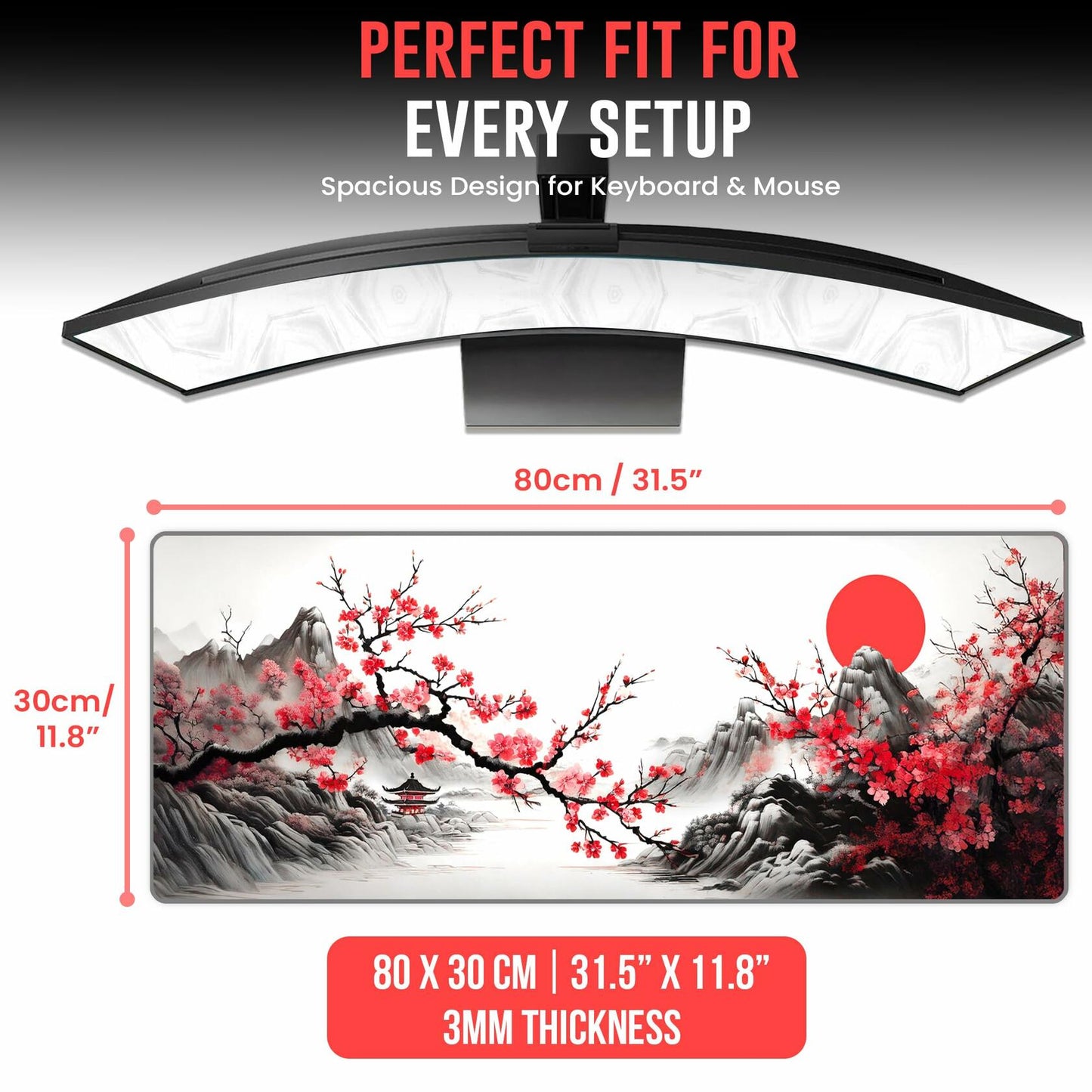 WTADAY Cherry Blossom Large Japanese Mouse Pad Non-Slip 31.5x11.8 Inch