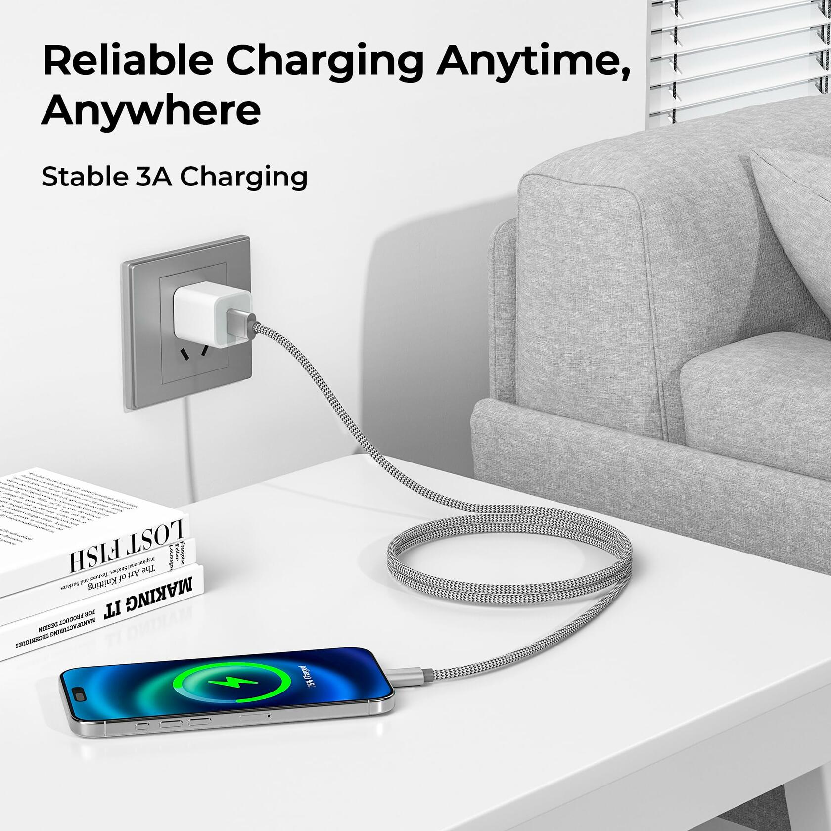 Basesailor USB to USB-C Charger Cable 6.6FT 2Pack Silver for iPhone 17 16 Pro