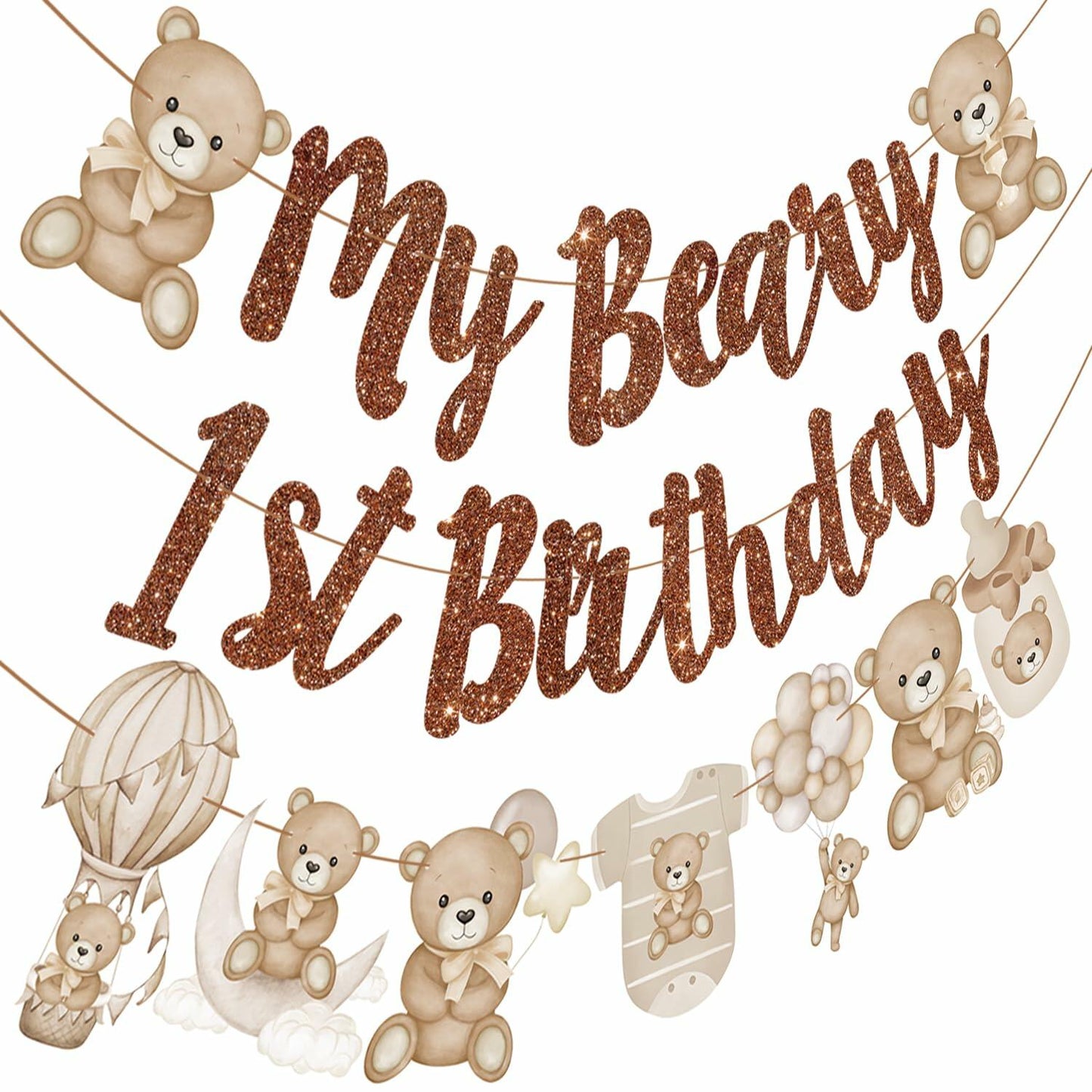 CANDY CHEF My Beary 1st Birthday Banner Set 3Pcs Brown Glitter Animals
