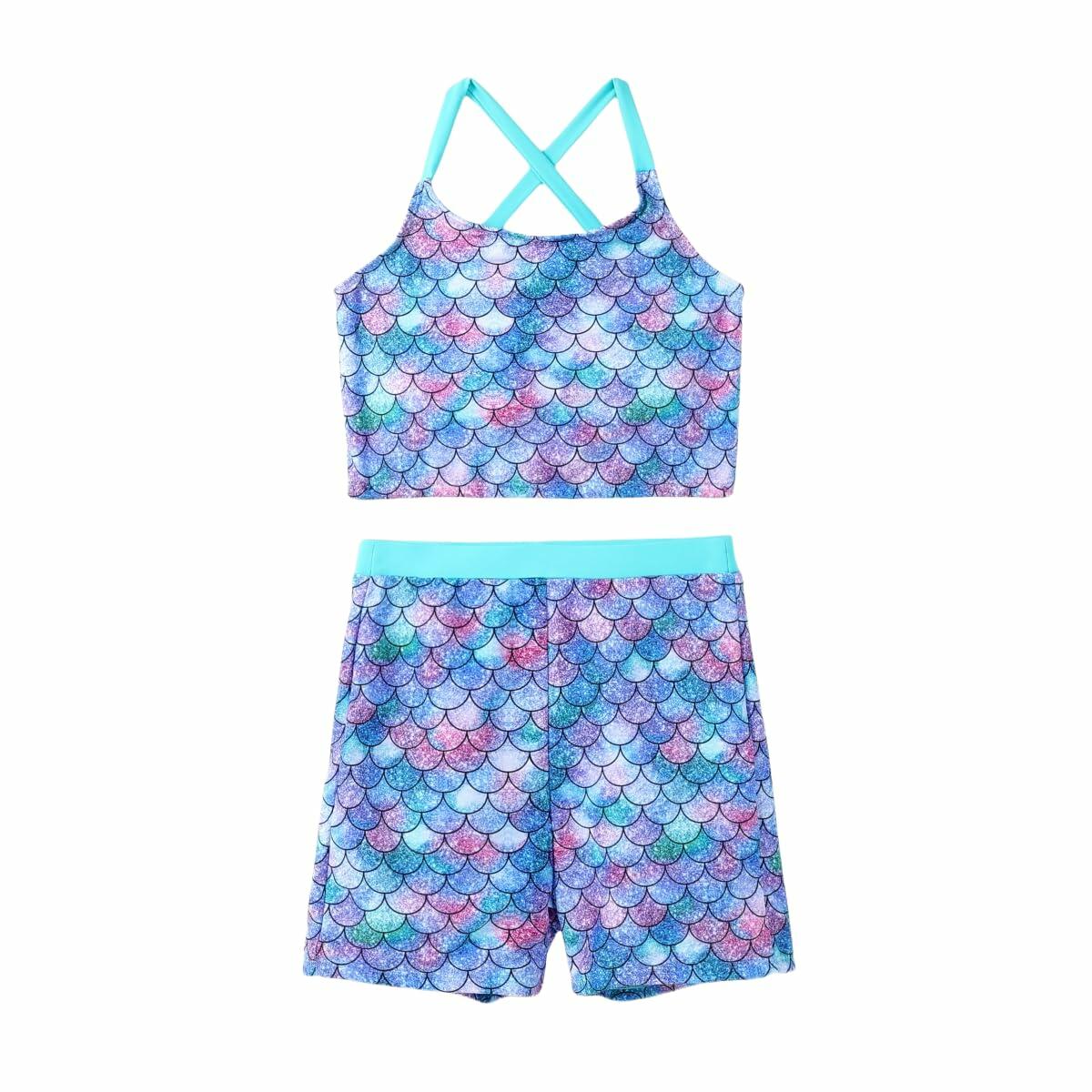 PATPAT Girls 2-Piece Tankini Swimsuit Set Bluegreen Fish Mermaid Size 8-9 Years