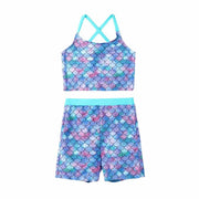 PATPAT Girls 2-Piece Tankini Swimsuit Set Bluegreen Fish Mermaid Size 8-9 Years