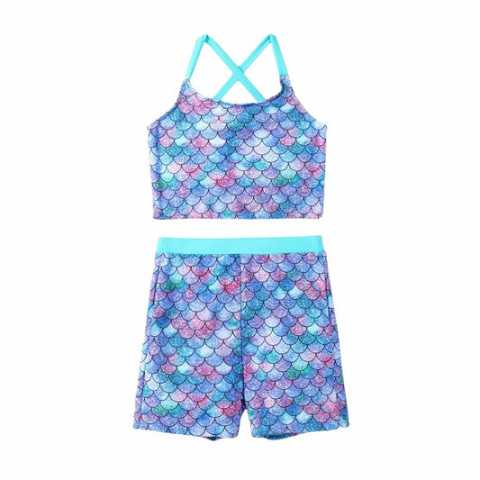 PATPAT Girls 2-Piece Tankini Swimsuit Set Bluegreen Fish Mermaid Size 8-9 Years