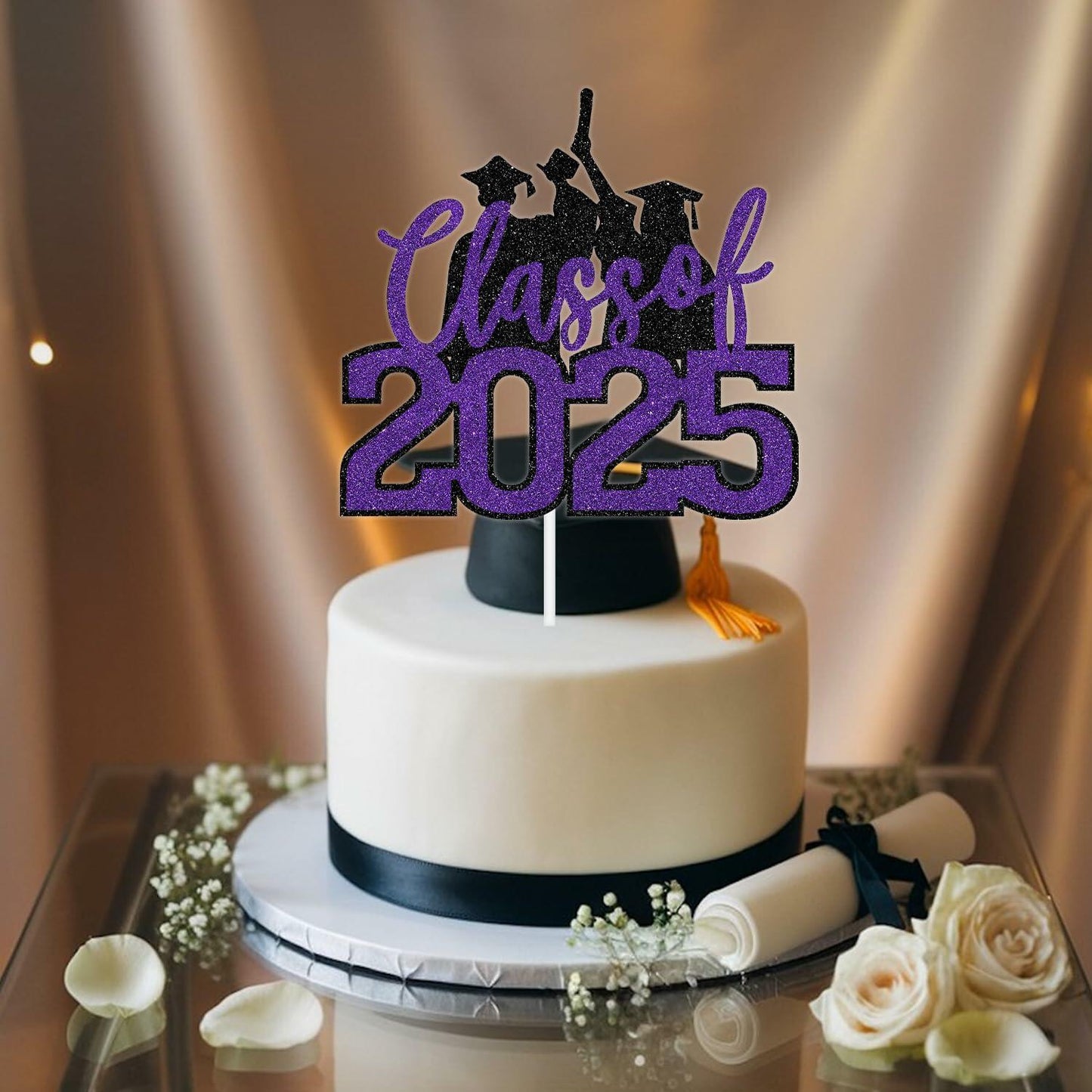 RLXPT Class of 2025 Cake Topper Congrats Grad Black Purple Glitter Foil