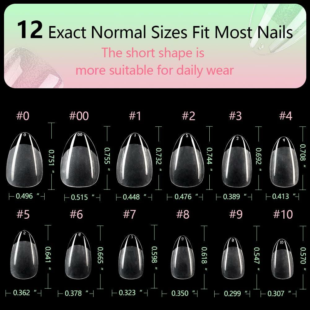 PrettyYo Short Almond Gel Nail Tips 600Pcs Clear Acrylic 12 Sizes Full Cover