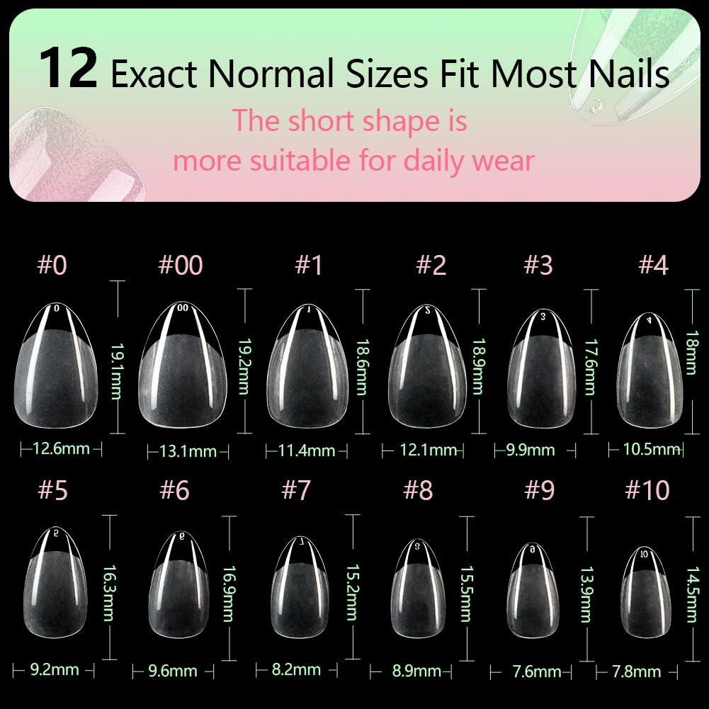 PrettyYo Short Almond Gel Nail Tips 600Pcs Clear Acrylic 12 Sizes Full Cover