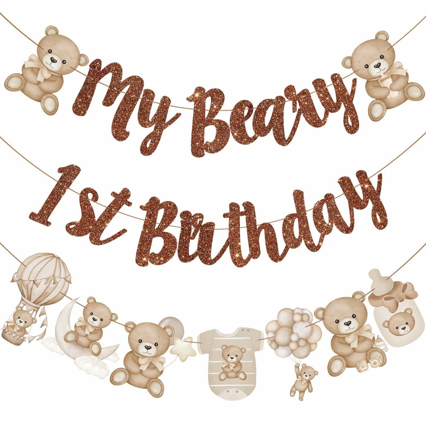 CANDY CHEF My Beary 1st Birthday Banner Set 3Pcs Brown Glitter Animals
