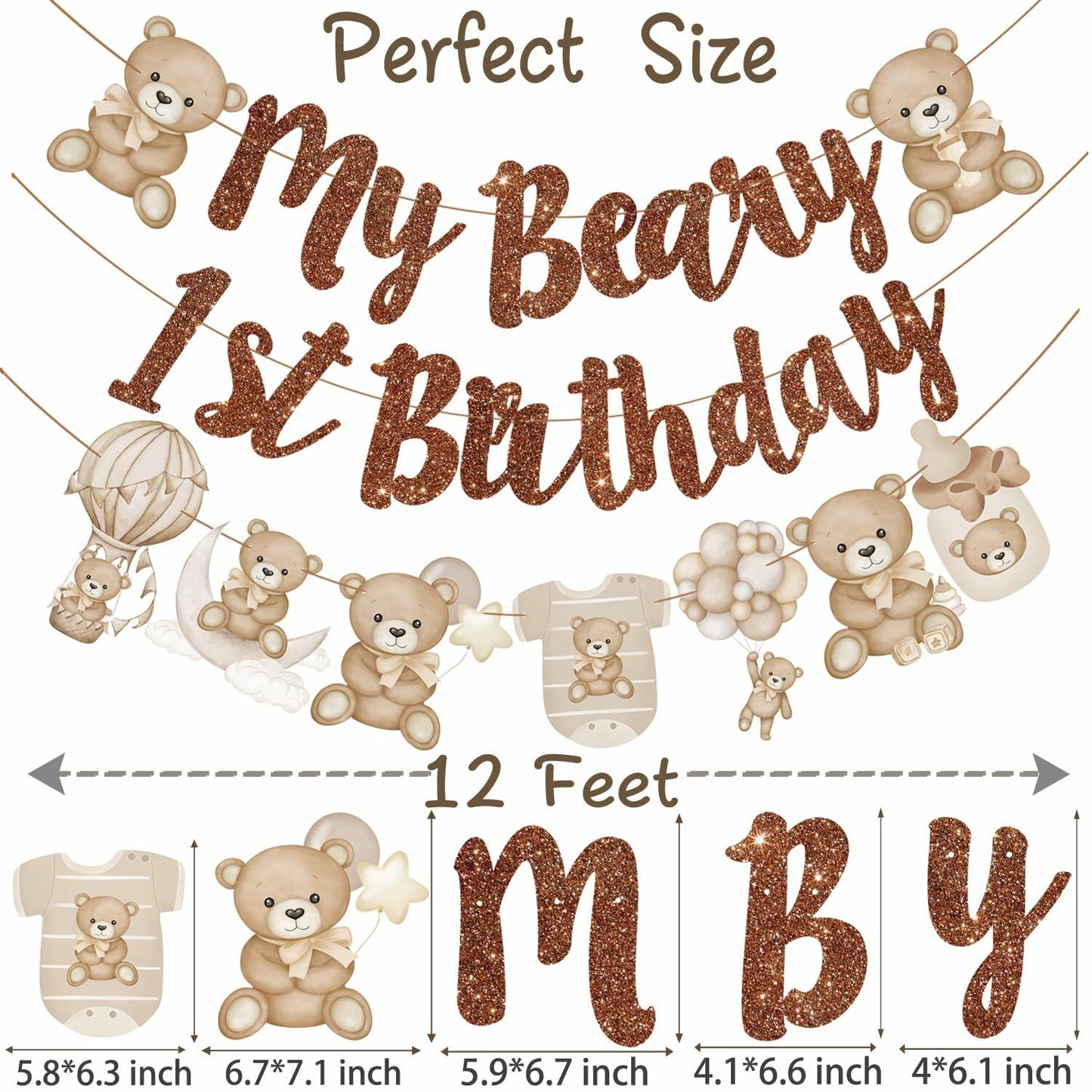 CANDY CHEF My Beary 1st Birthday Banner Set 3Pcs Brown Glitter Animals