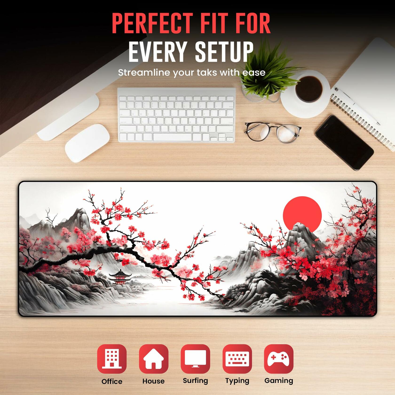 WTADAY Cherry Blossom Large Japanese Mouse Pad Non-Slip 31.5x11.8 Inch