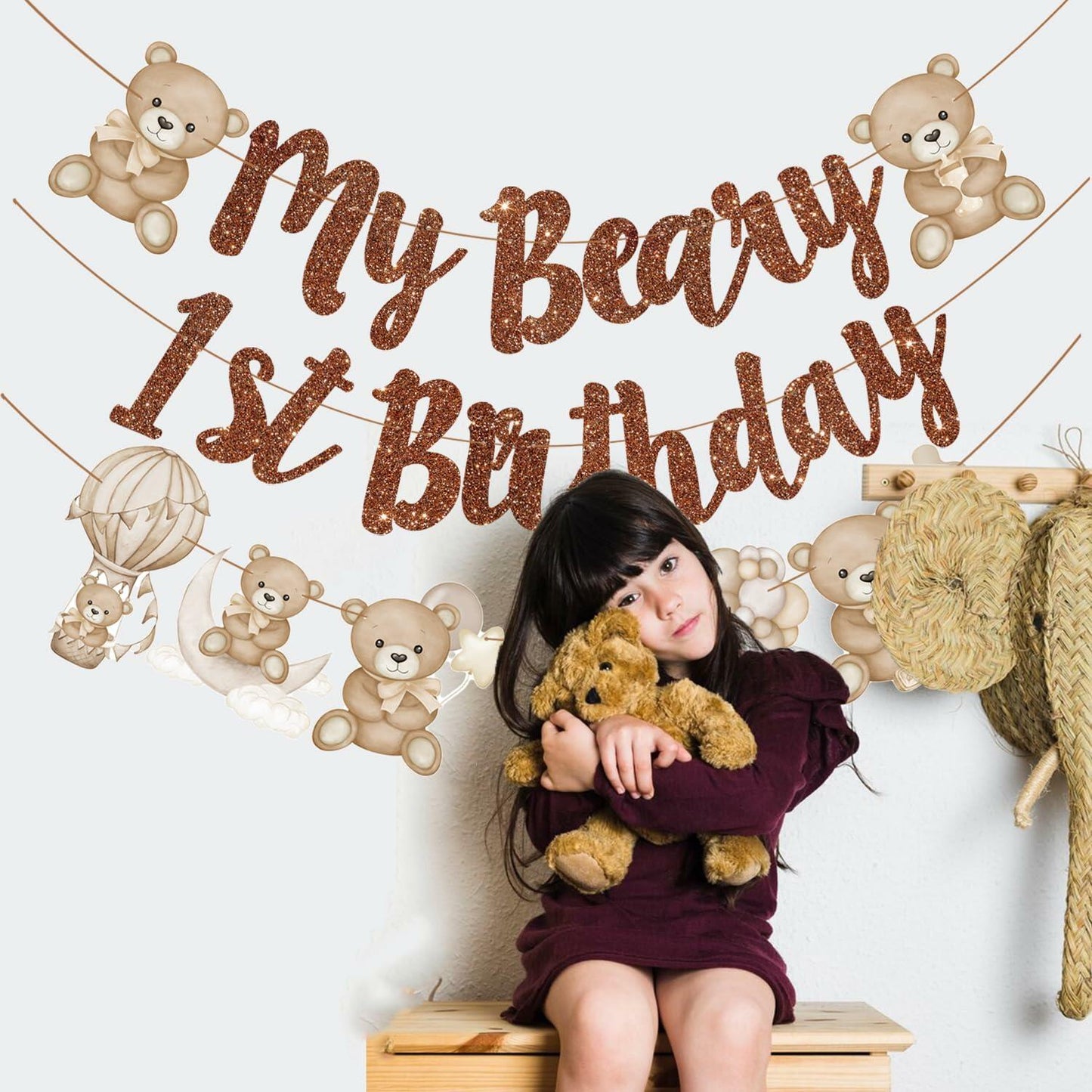 CANDY CHEF My Beary 1st Birthday Banner Set 3Pcs Brown Glitter Animals