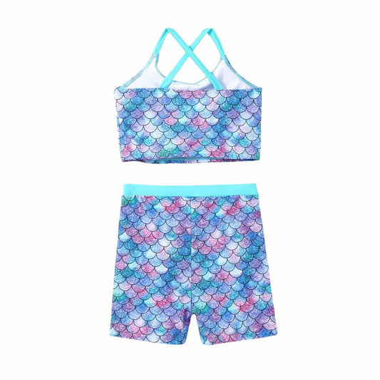 PATPAT Girls 2-Piece Tankini Swimsuit Set Bluegreen Fish Mermaid Size 8-9 Years