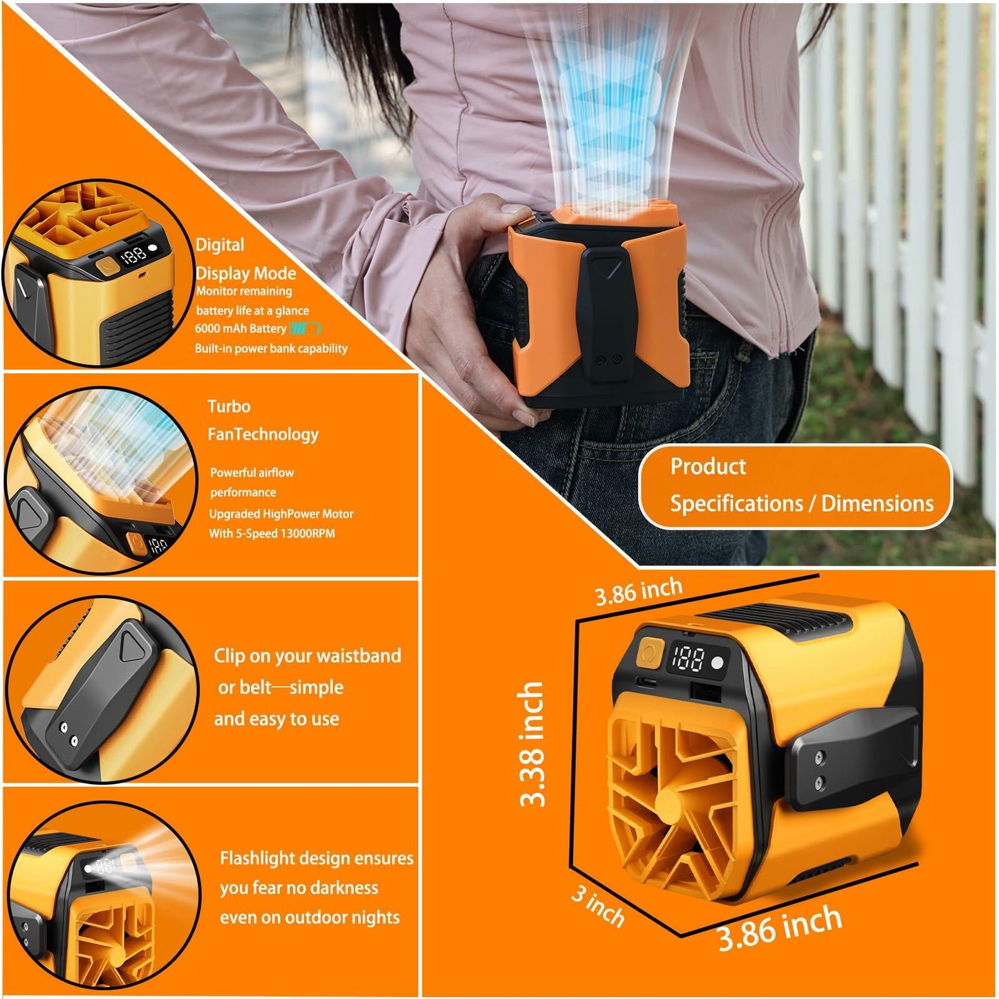 wz-ruijiang 2025 Upgrade Portable Waist Fan 13000 Speed Clip-On Black