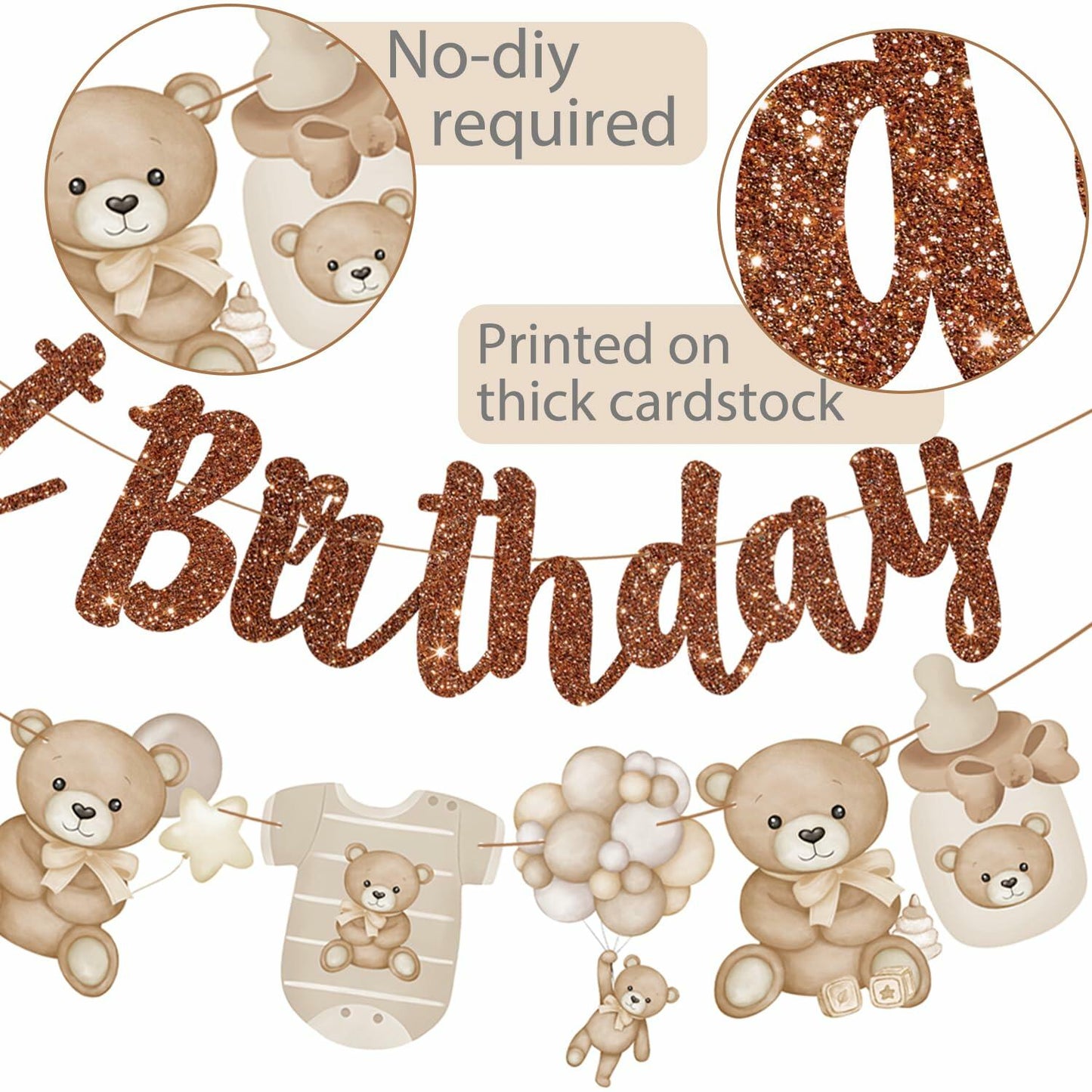 CANDY CHEF My Beary 1st Birthday Banner Set 3Pcs Brown Glitter Animals