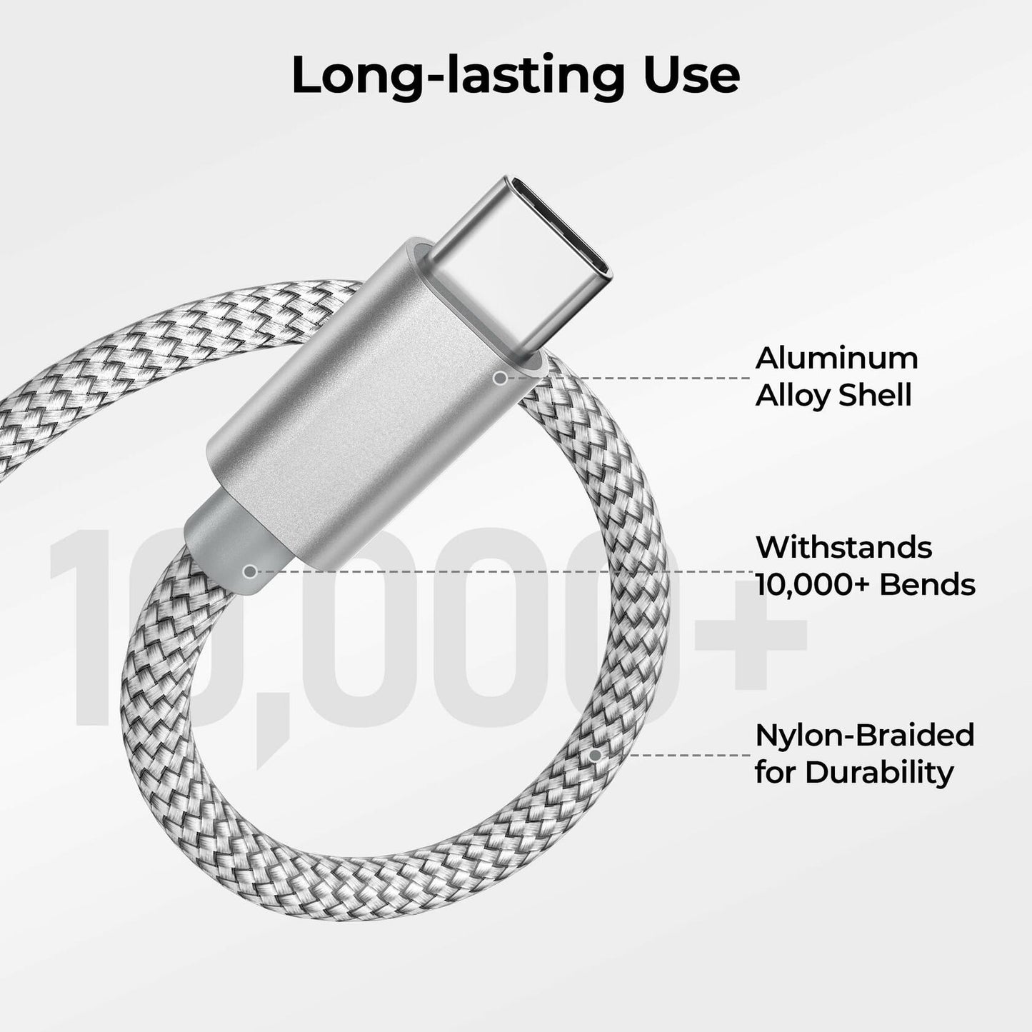 Basesailor USB to USB-C Charger Cable 6.6FT 2Pack Silver for iPhone 17 16 Pro