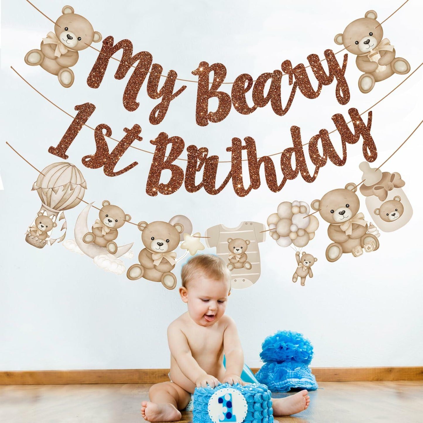 CANDY CHEF My Beary 1st Birthday Banner Set 3Pcs Brown Glitter Animals