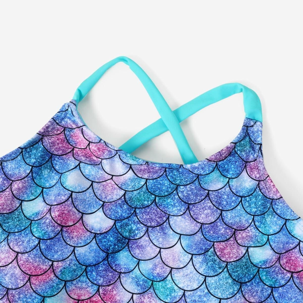 PATPAT Girls 2-Piece Tankini Swimsuit Set Bluegreen Fish Mermaid Size 8-9 Years