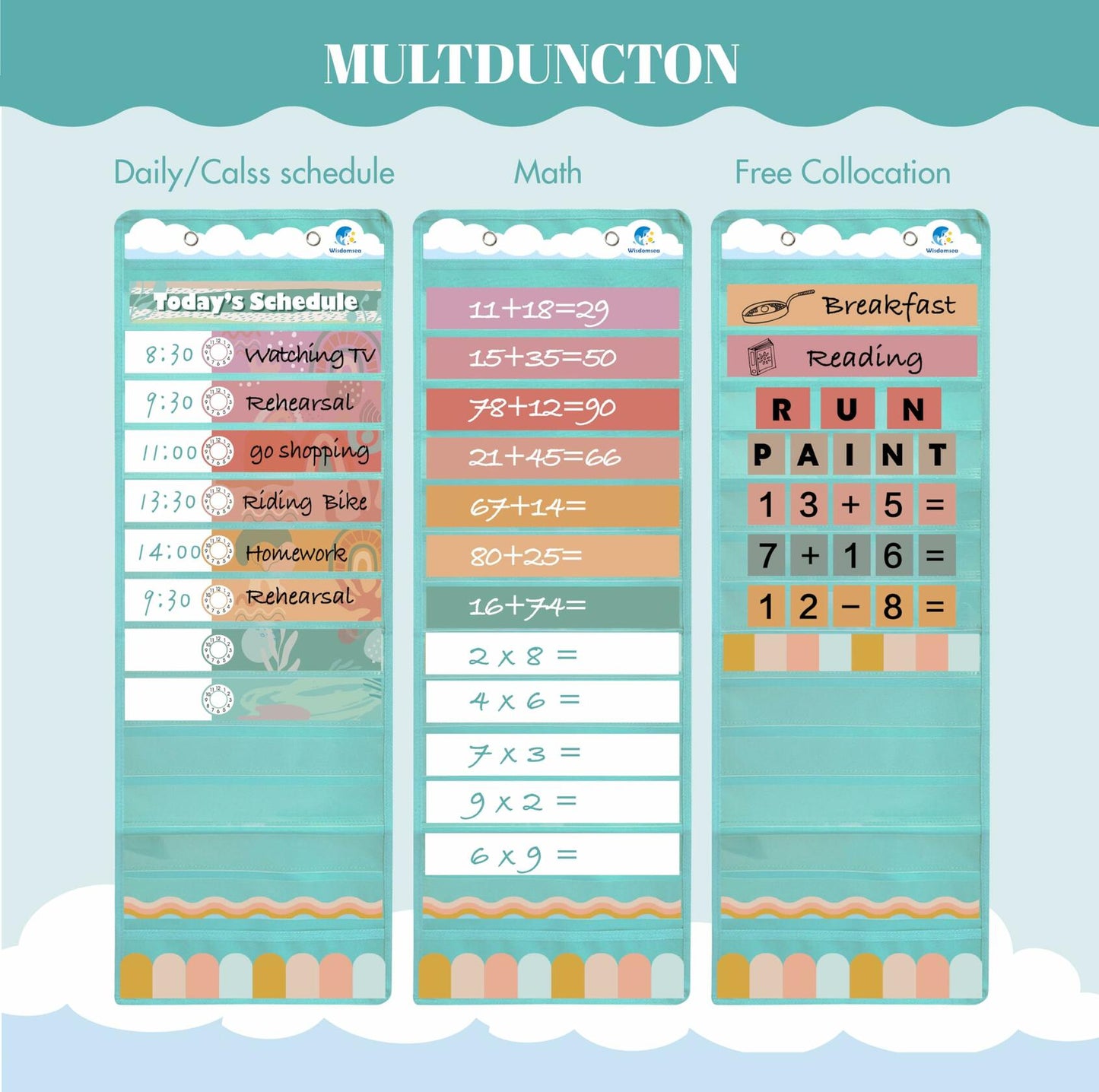Wisdomsea Pocket Chart Classroom Blue 39 Double-Sided Erasable Cards