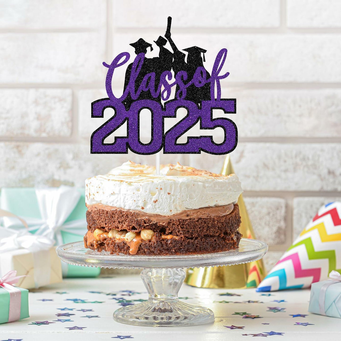RLXPT Class of 2025 Cake Topper Congrats Grad Black Purple Glitter Foil