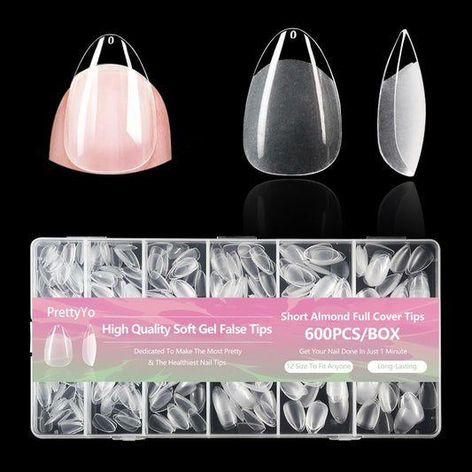 PrettyYo Short Almond Gel Nail Tips 600Pcs Clear Acrylic 12 Sizes Full Cover