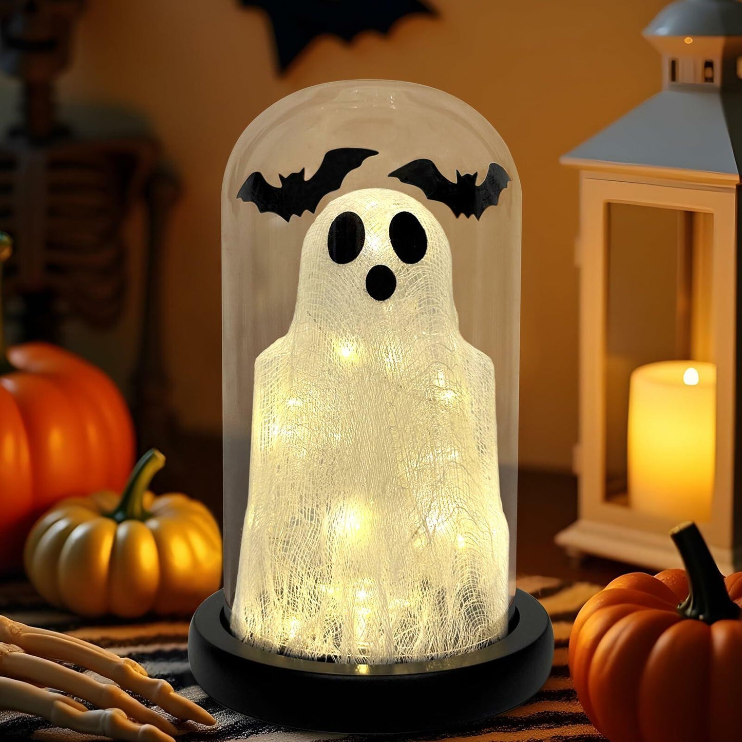 DAZONGE Lighted Ghost in Glass Dome Cloche Halloween Decor Indoor Black White