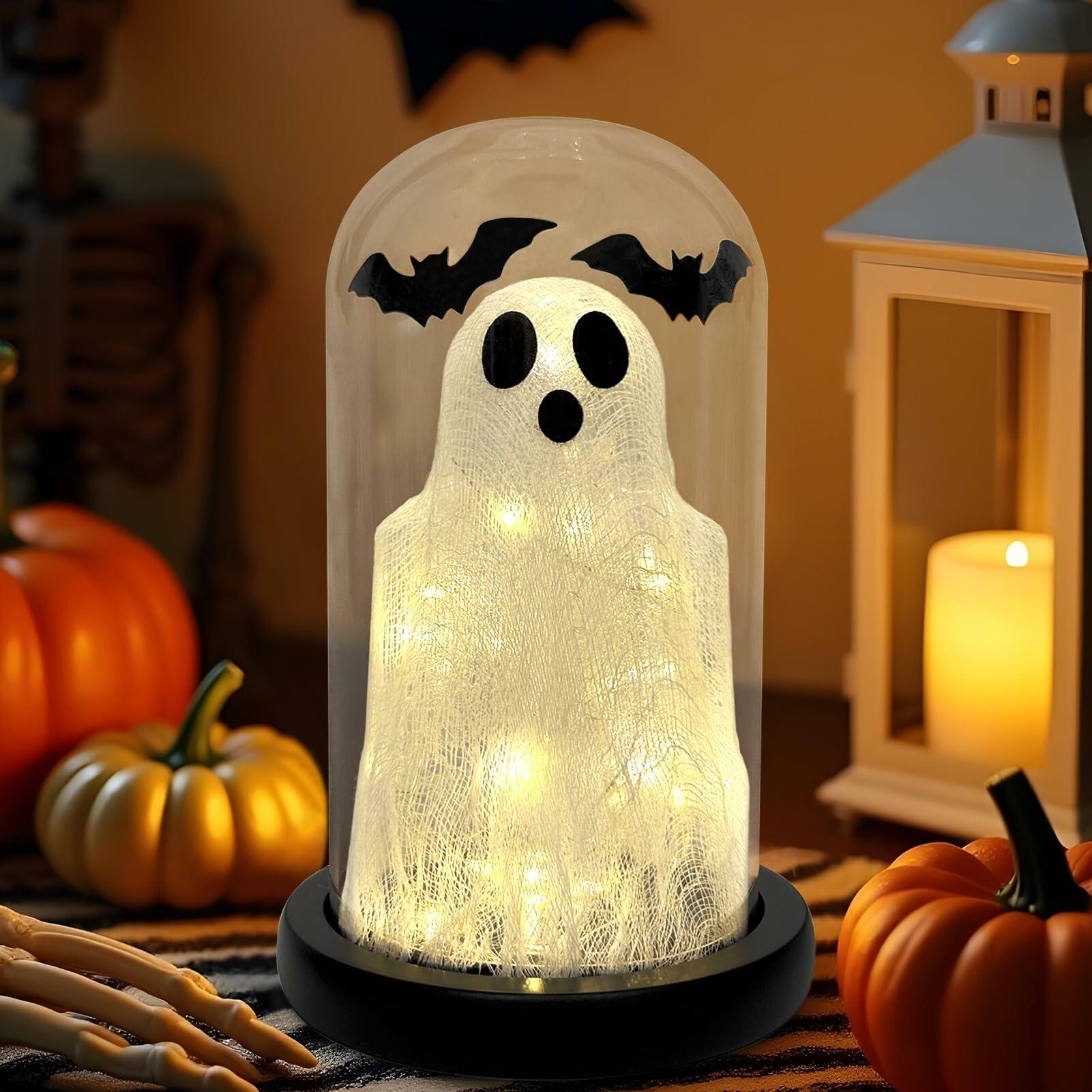 DAZONGE Lighted Ghost in Glass Dome Cloche Halloween Decor Indoor Black White