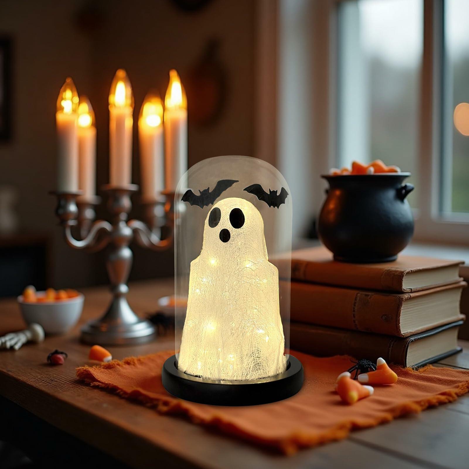 DAZONGE Lighted Ghost in Glass Dome Cloche Halloween Decor Indoor Black White