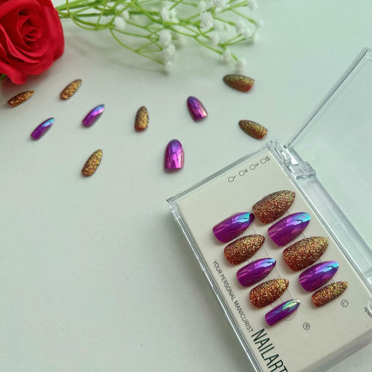 Generic Gel Press-On False Nails Set Purple Gold Glitter 10pcs