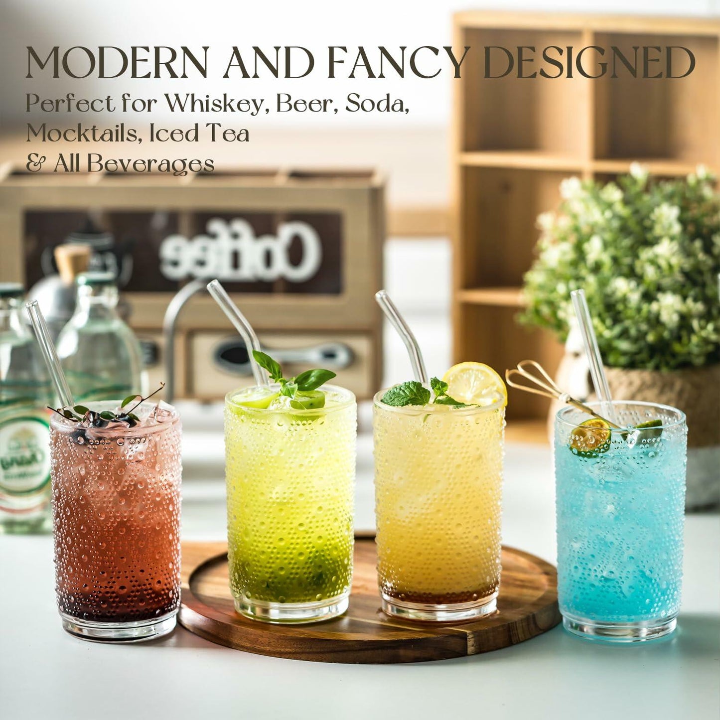 KEMORELA 6PCS Hobnail Old-Fashioned Glasses Set 15oz with Reusable Straws