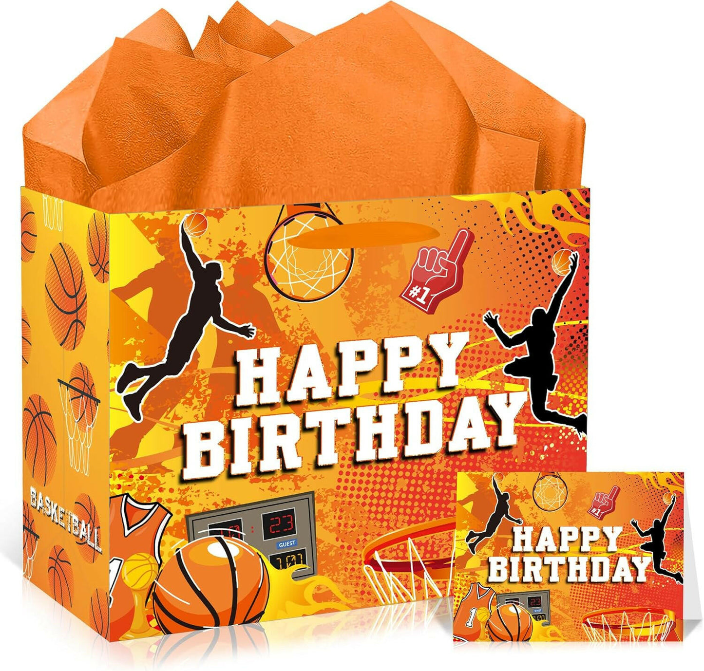 SolarGlory Orange Basketball Gift Bag Large with Handles Tissue Paper Card