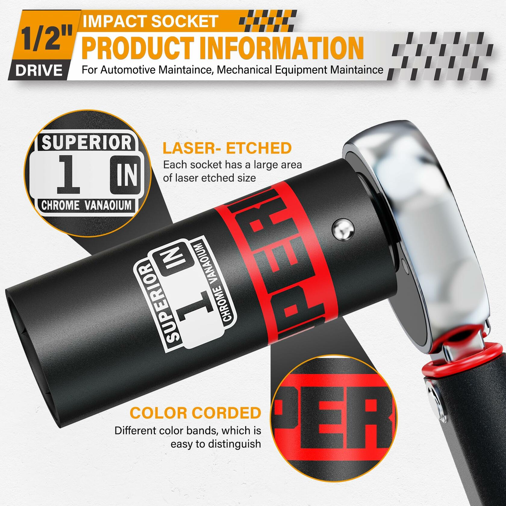 Aiourx 1/2" Drive Impact Socket 1" Deep 6 Point CR-V SAE for Car Repair