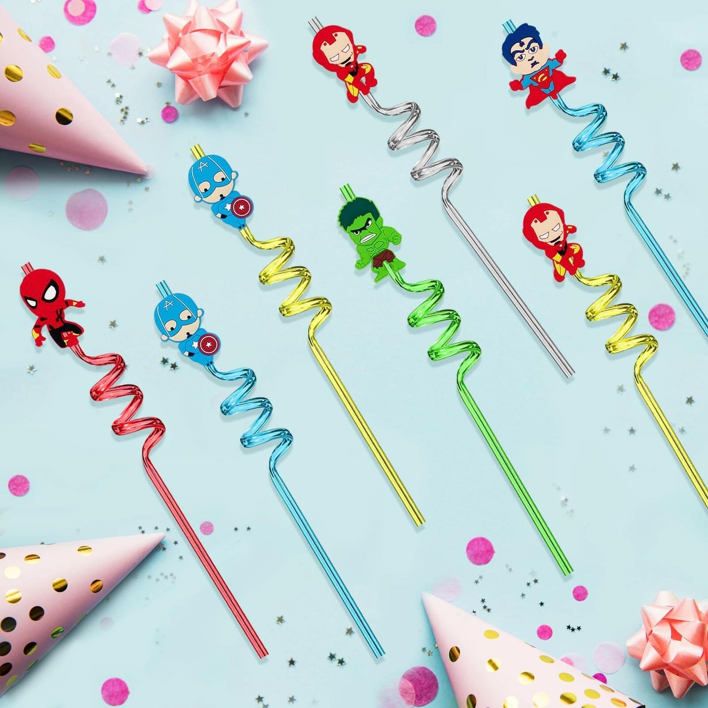 Generic 24Pcs Superhero Plastic Reusable Party Straws Multicolour Birthday