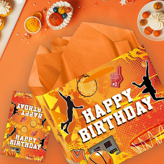 SolarGlory Orange Basketball Gift Bag Large with Handles Tissue Paper Card