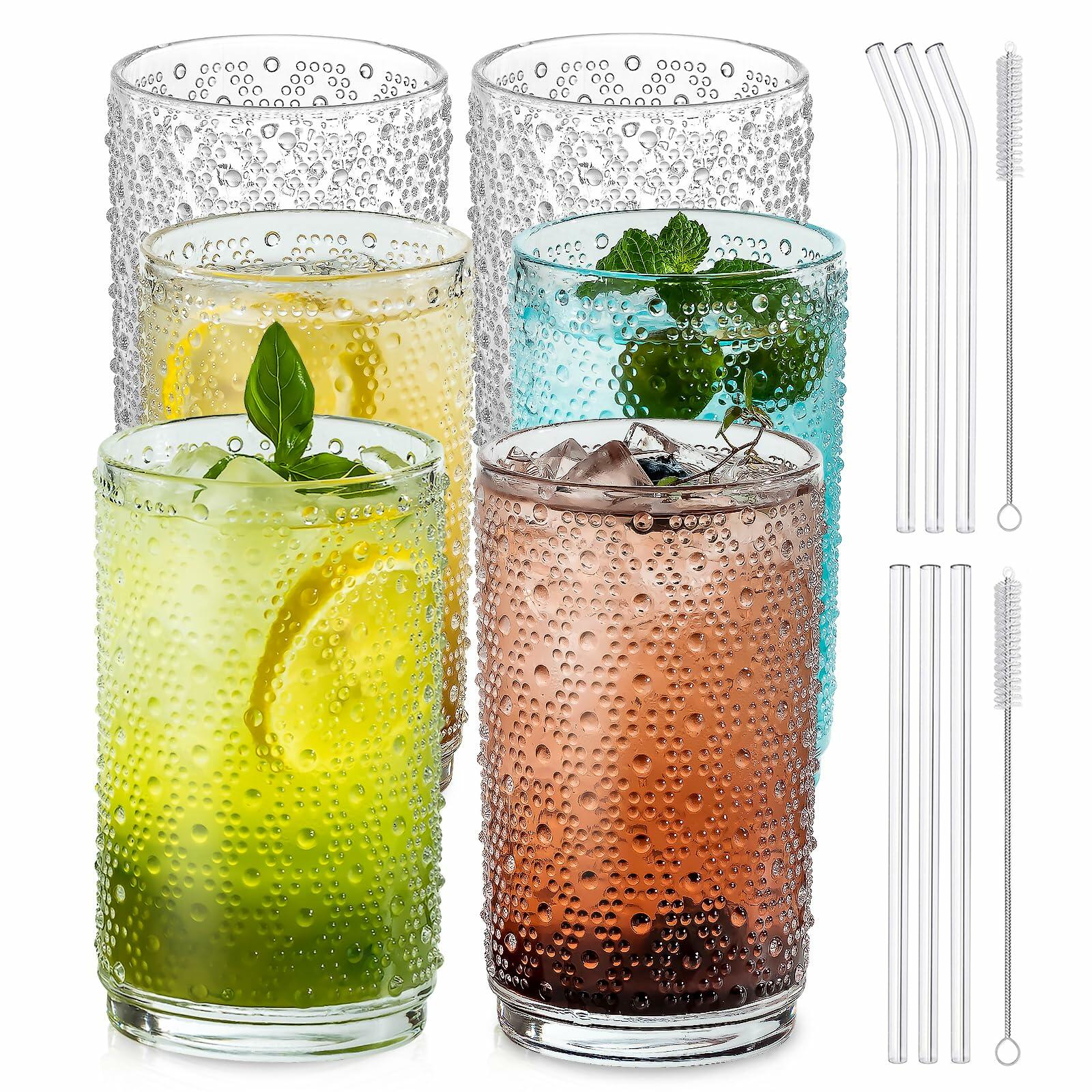 KEMORELA 6PCS Hobnail Old-Fashioned Glasses Set 15oz with Reusable Straws