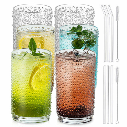 KEMORELA 6PCS Hobnail Old-Fashioned Glasses Set 15oz with Reusable Straws