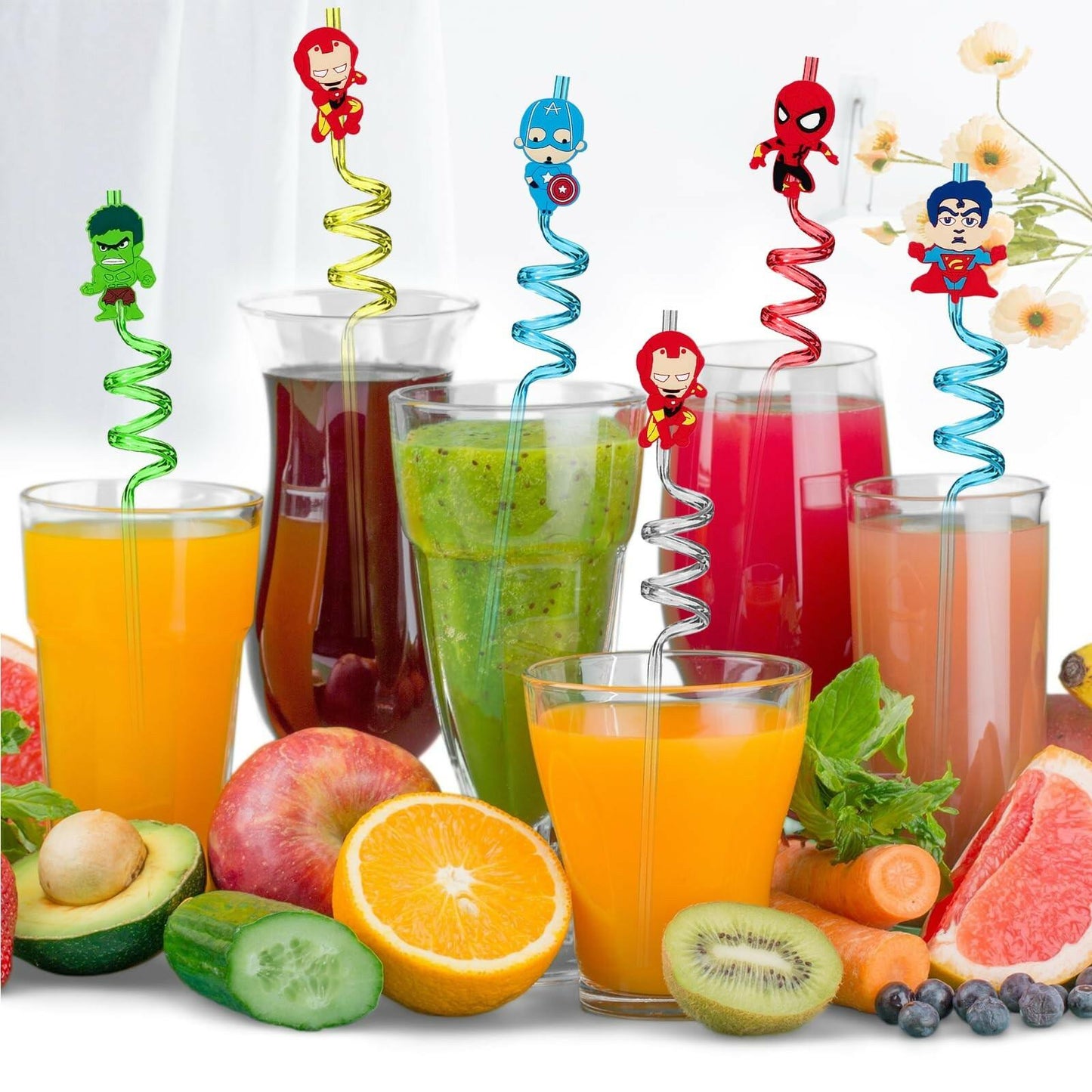 Generic 24Pcs Superhero Plastic Reusable Party Straws Multicolour Birthday