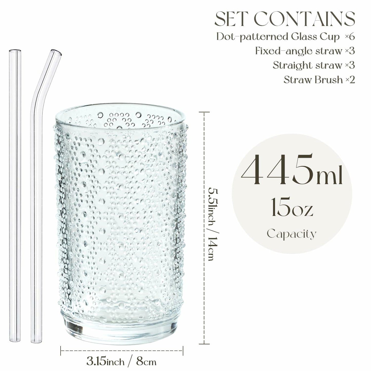 KEMORELA 6PCS Hobnail Old-Fashioned Glasses Set 15oz with Reusable Straws