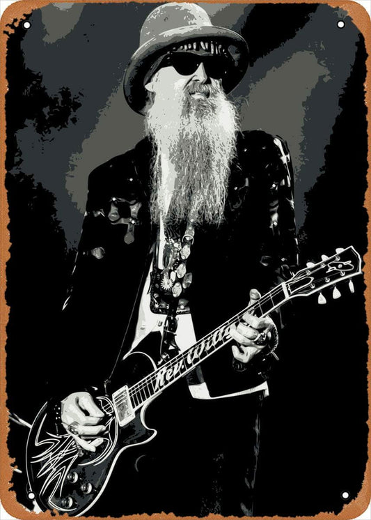 AirBnk Vintage Metal Tin Sign Billy Gibbons Guitar Retro 8x12 inch