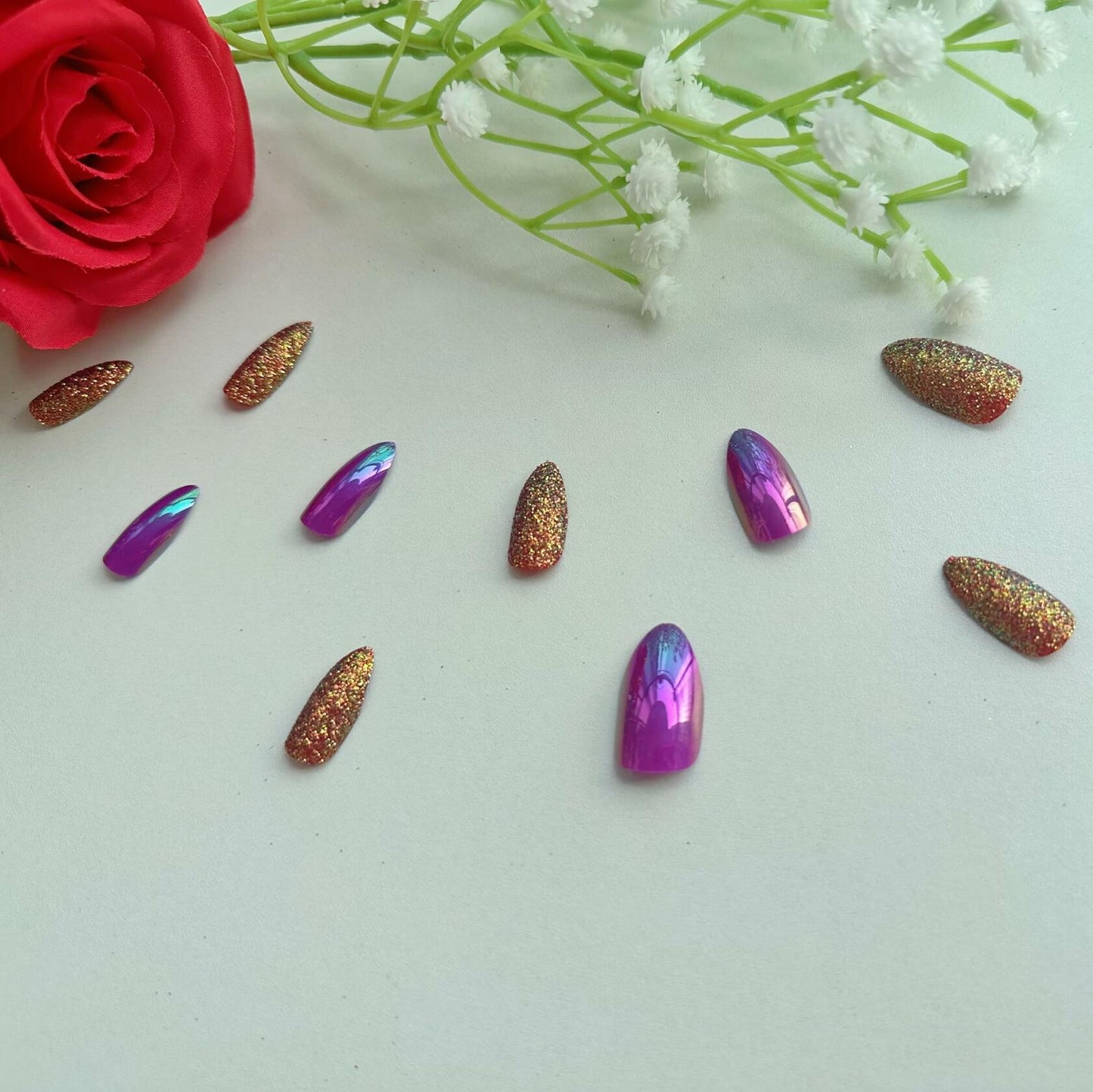 Generic Gel Press-On False Nails Set Purple Gold Glitter 10pcs