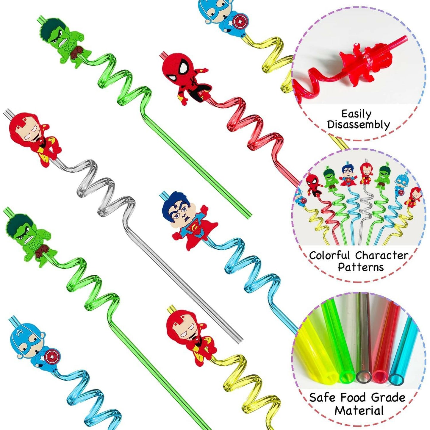 Generic 24Pcs Superhero Plastic Reusable Party Straws Multicolour Birthday