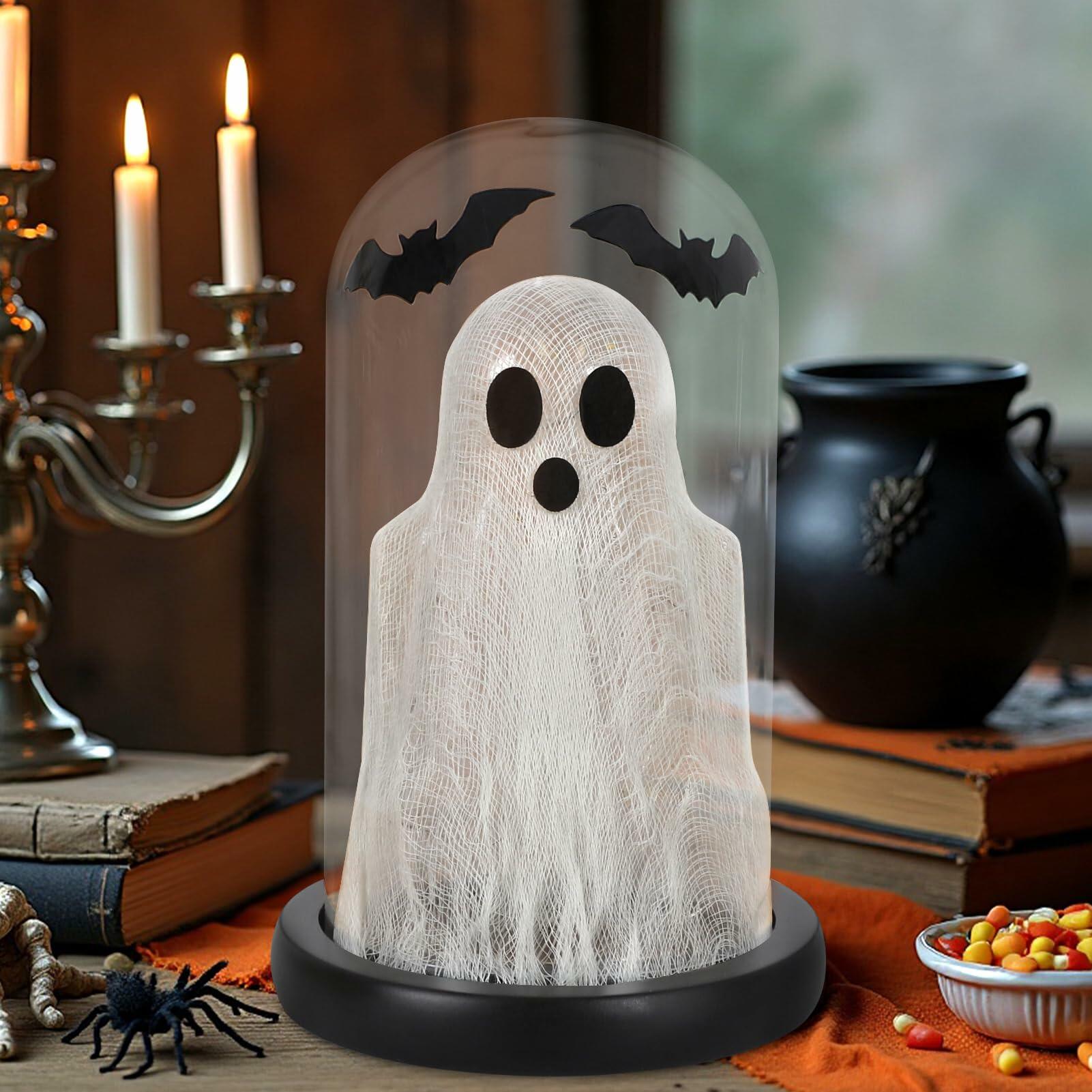 DAZONGE Lighted Ghost in Glass Dome Cloche Halloween Decor Indoor Black White