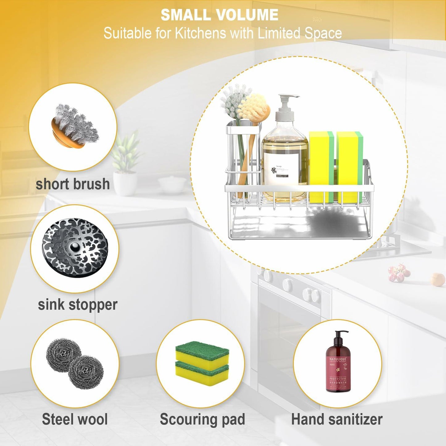 Vanwood Kitchen Sink Caddy Sponge & Brush Holder Stainless Steel Silver