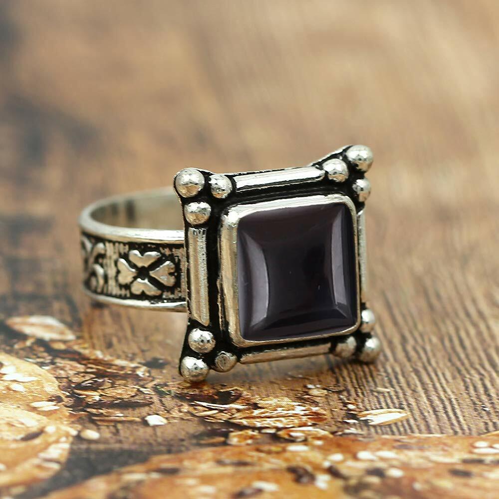 Natural Black Onyx 925 Silver Plated Ring Black Stone Size 5