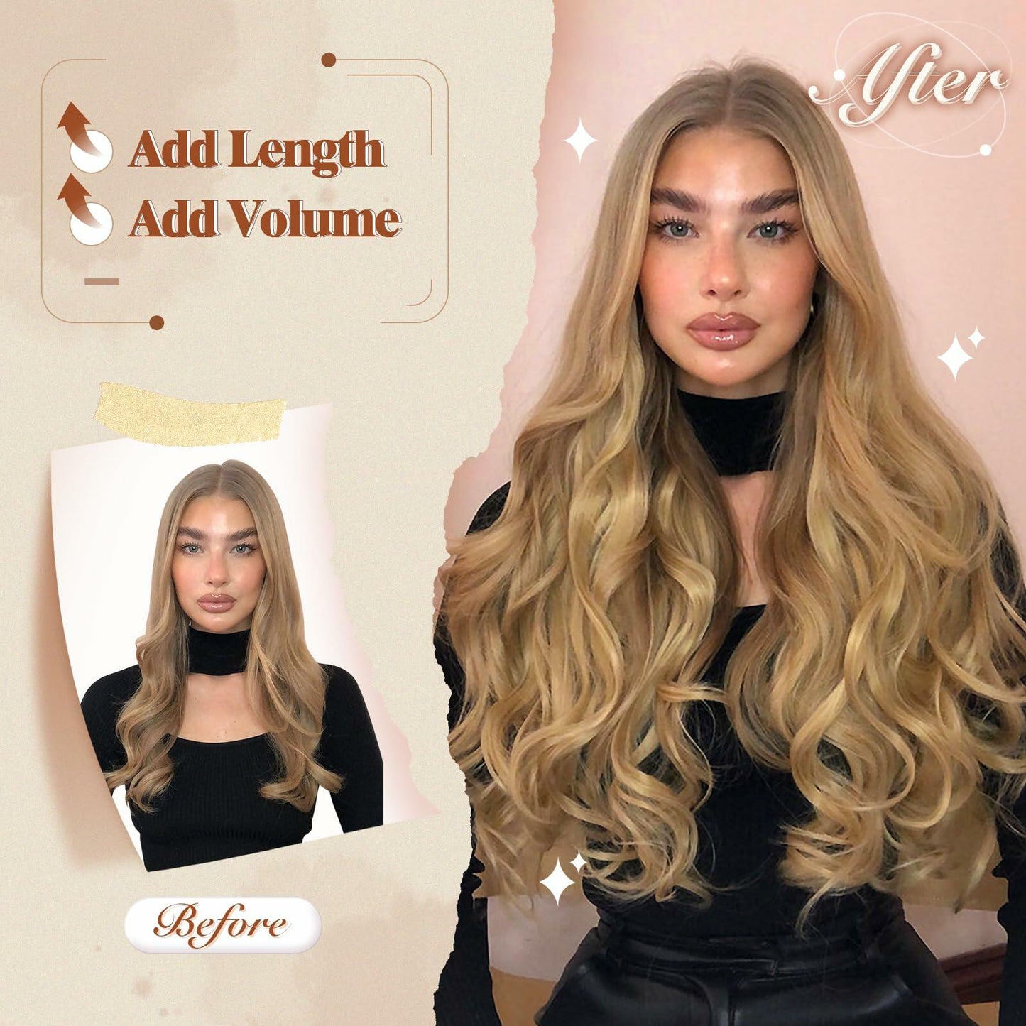 FESHFEN Invisible Wire Hair Extensions 20" Long Wavy Synthetic Black