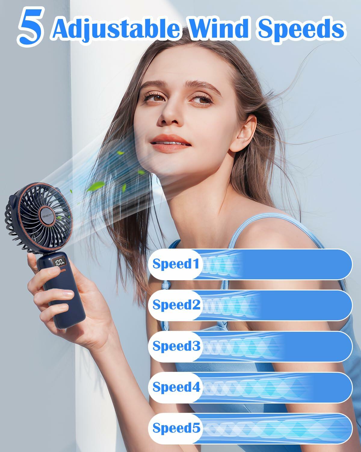 Akejrym Portable Handheld Fan 4000mAh LED Display 5 Speeds 90° Adjustable Blue