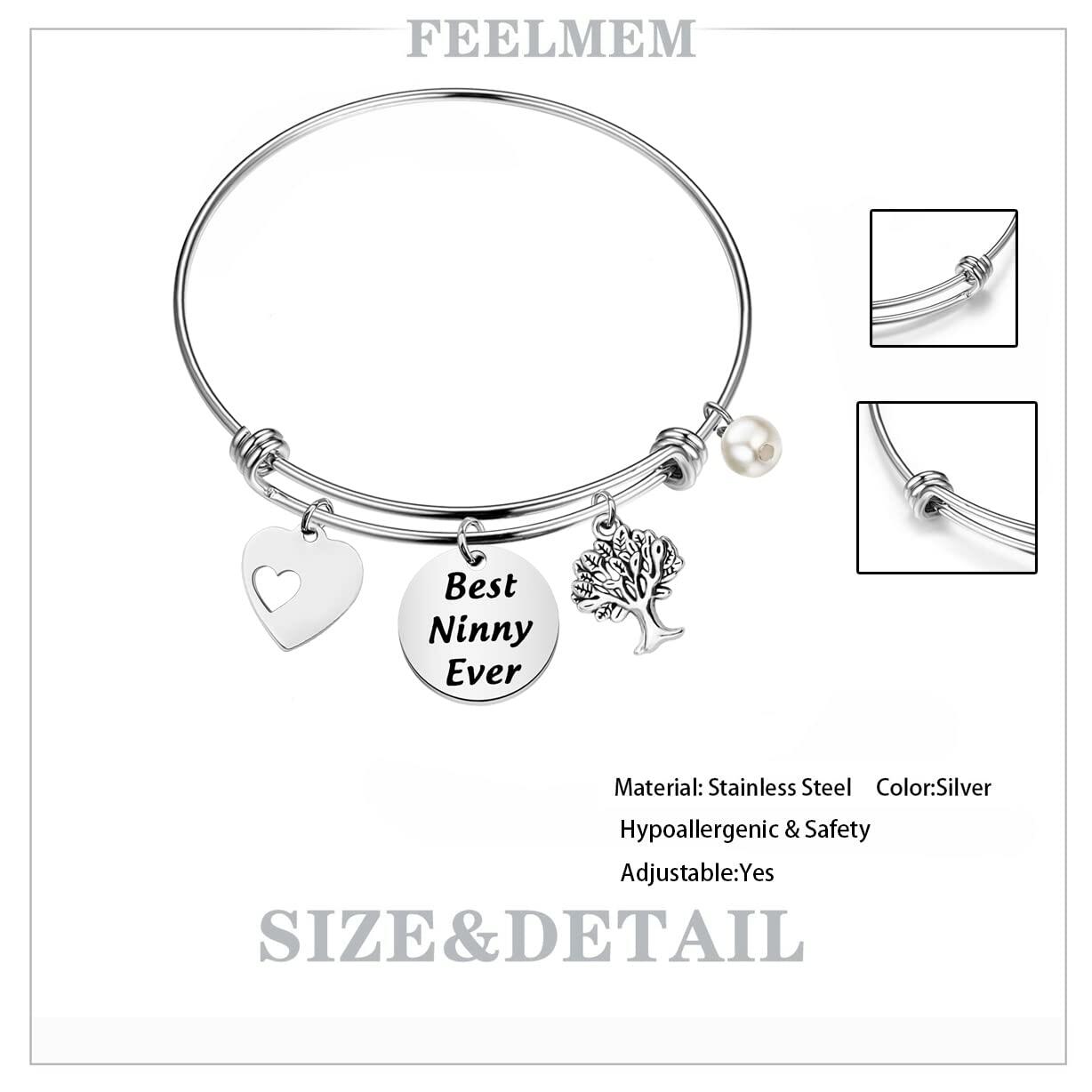 FEELMEM Best Ninny Ever Family Tree Bracelet Stainless Steel Box Chain